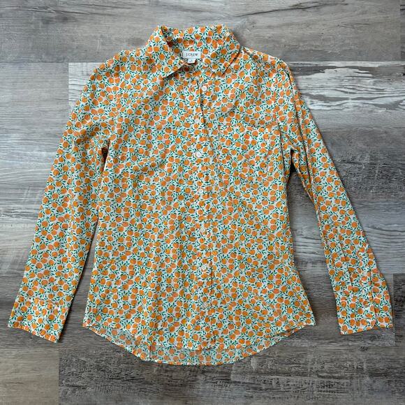J.Crew Peach Print Cotton Button Down Shirt White Orange Fruit Blouse S - Picture 1 of 6